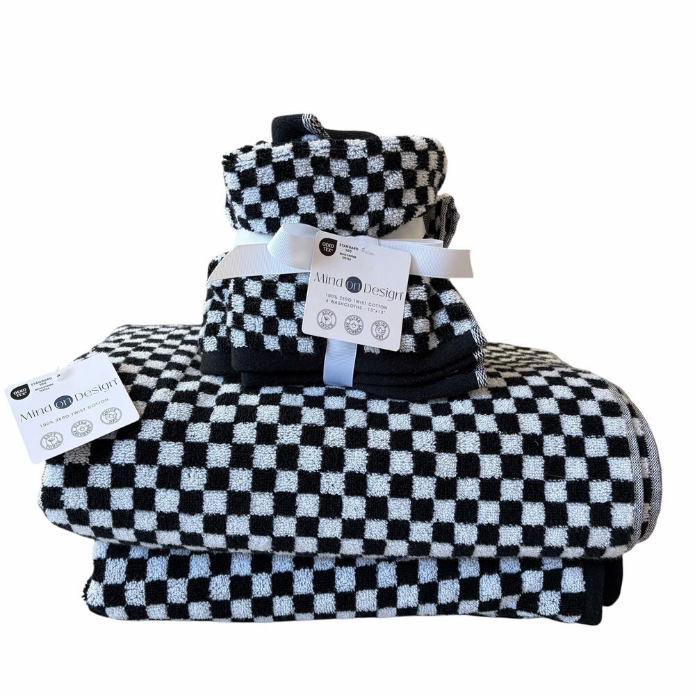 6pc Chic Black & White Checkered Towel Set- 2 Bath Towels 4 Washcloths Cotton